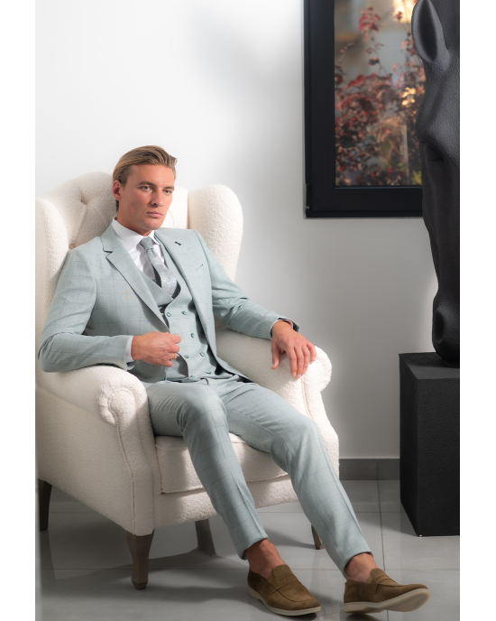 Κοστούμι Black Papigion μέντας με καρό πράσινο SLIM FIT