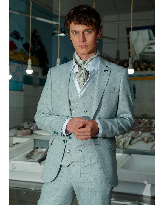 Κοστούμι Black Papigion Letce μέντας με καρό πράσινο SLIM FIT